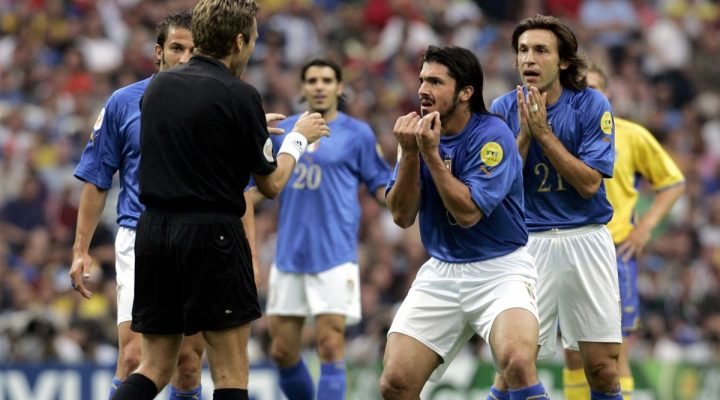 ITALYS-GATTUSO-AND-PIRLO-PLEAD-WITH-SWISS-REFEREE-MEIER-FOLLOWING-A-FOUL-BY-A-SWEDISH-PLAYER-DURING